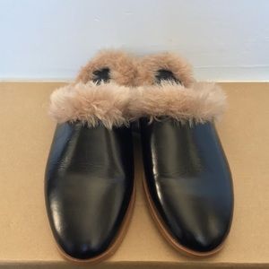 Zara black leather furry mule flats.